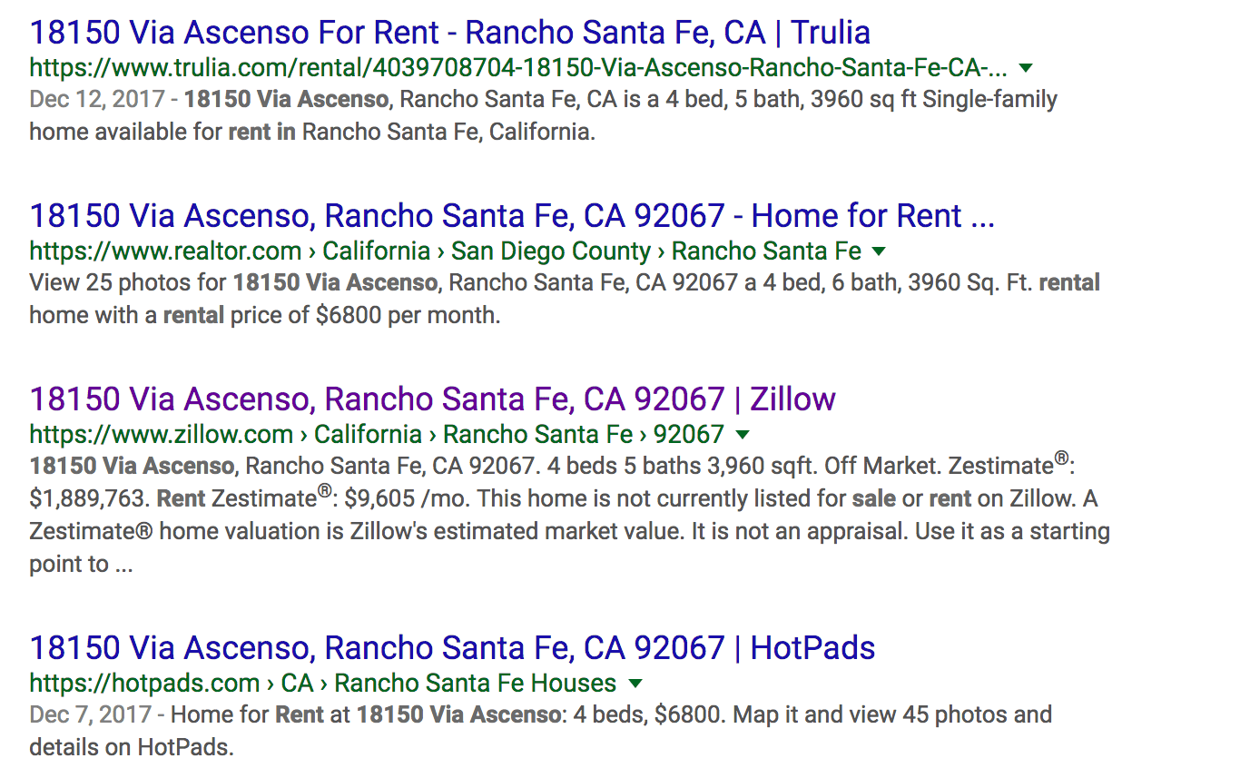 Search results showing rental listings