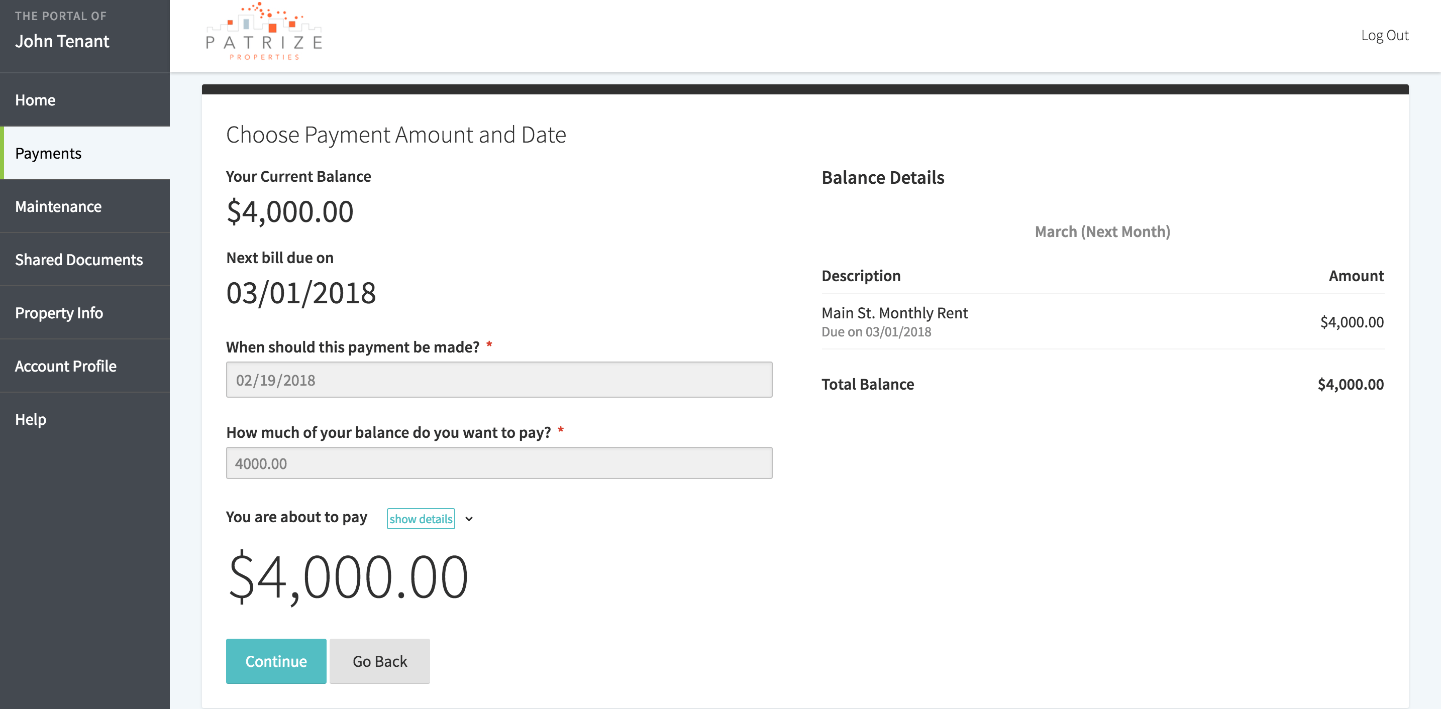 Screenshot showing tenant portal page where rent & deposit can paid