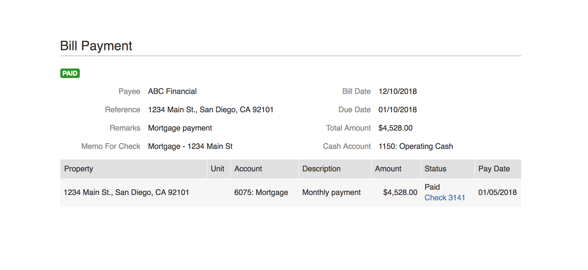 Screenshot showing a bill has been paid